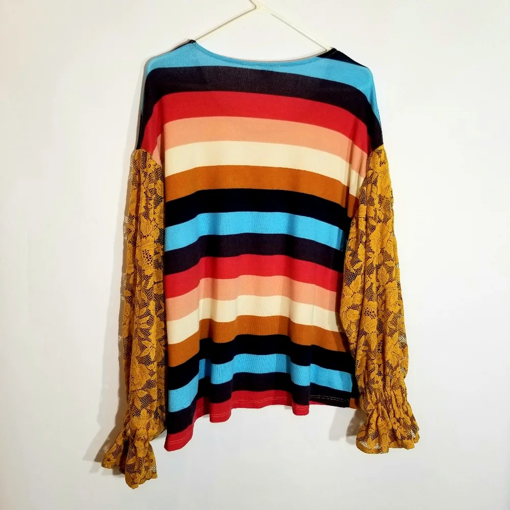 UMGEE Sweater Women's Large Striped Floral Lace Mustard Yellow Sleeves Blue Red_5